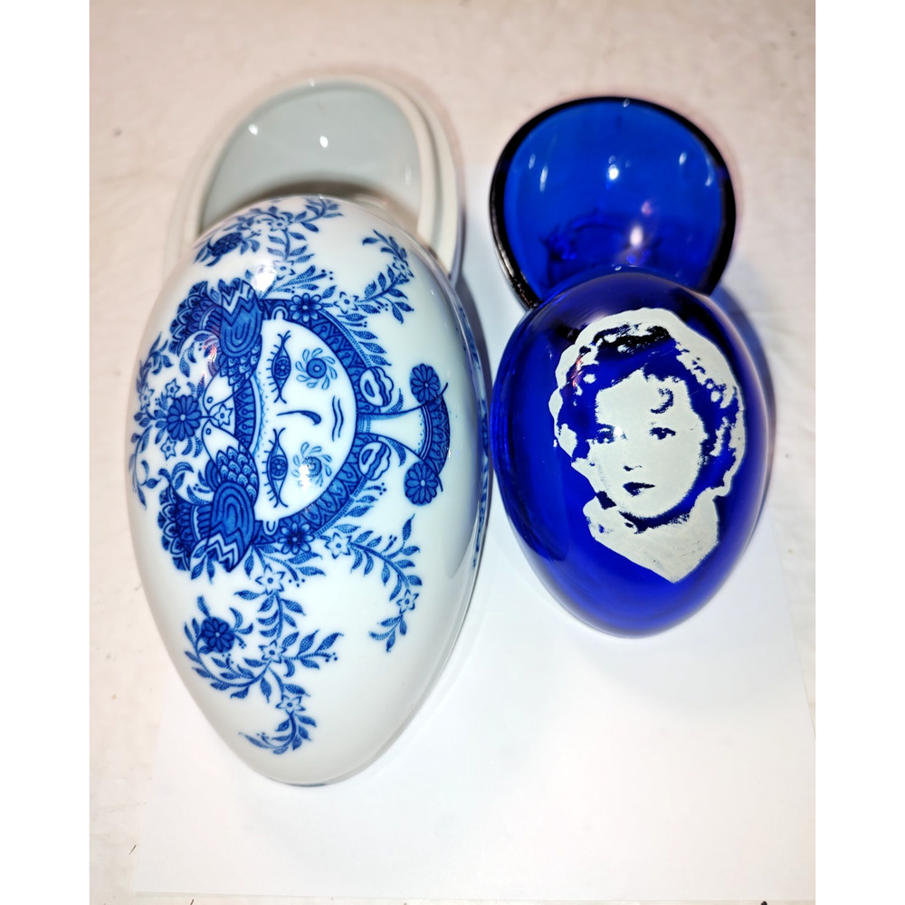 Easter Eggs Containers Shirley Temple Blue Glass Vintage & White/Blue Large Egg